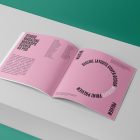 Open square magazine with playful pink design from studio magazine mockups.