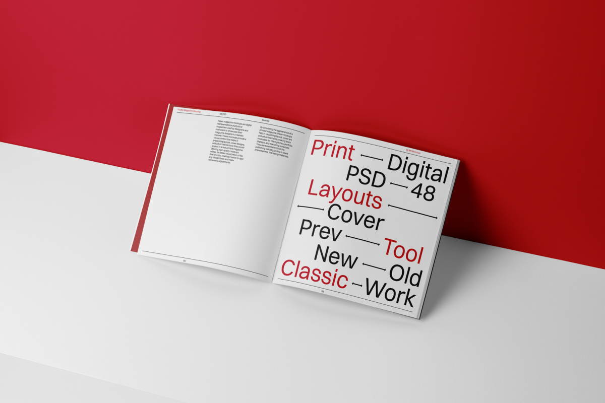 Open square magazine with black and red design from studio magazine mockups.