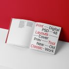 Open square magazine with black and red design from studio magazine mockups.