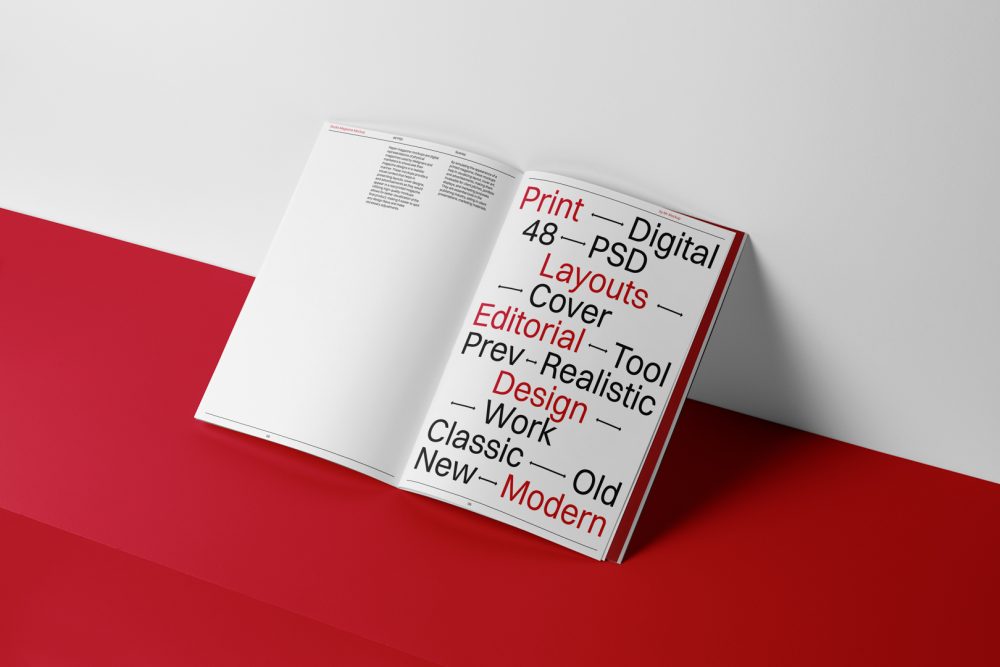Open a4 magazine with black and red design from studio magazine mockups.