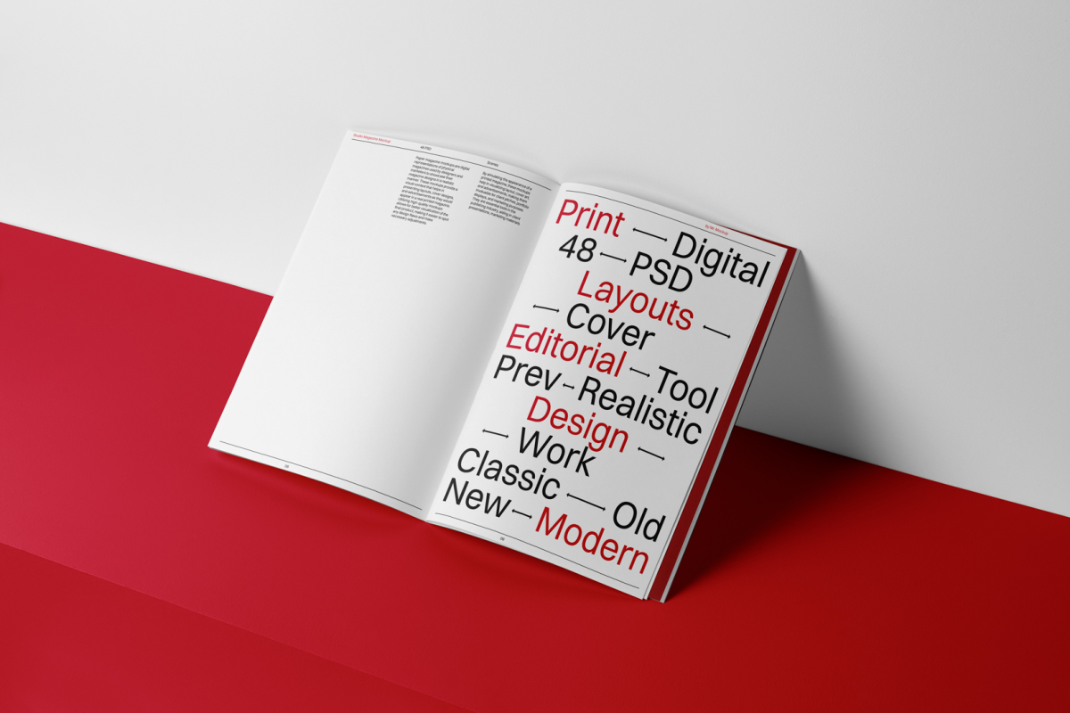 Open a4 magazine with black and red design from studio magazine mockups.