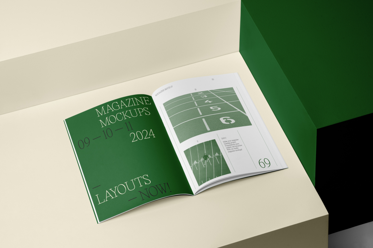 Open a4 magazine with green elegant design from studio magazine mockups.