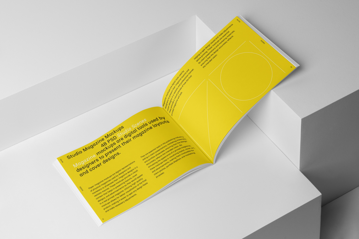 Open horizontal magazine with yellow minimal design from studio magazine mockups.