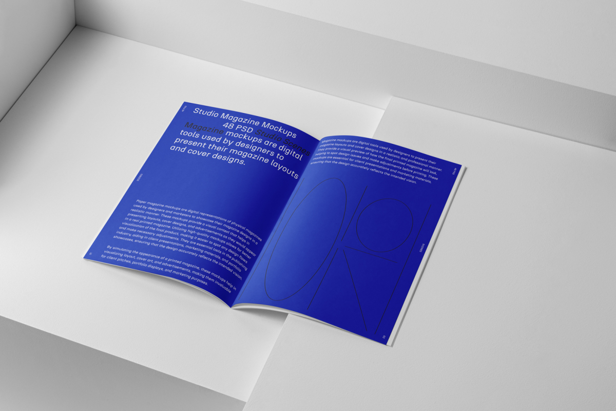 Open a4 magazine with blue minimal design from studio magazine mockups.