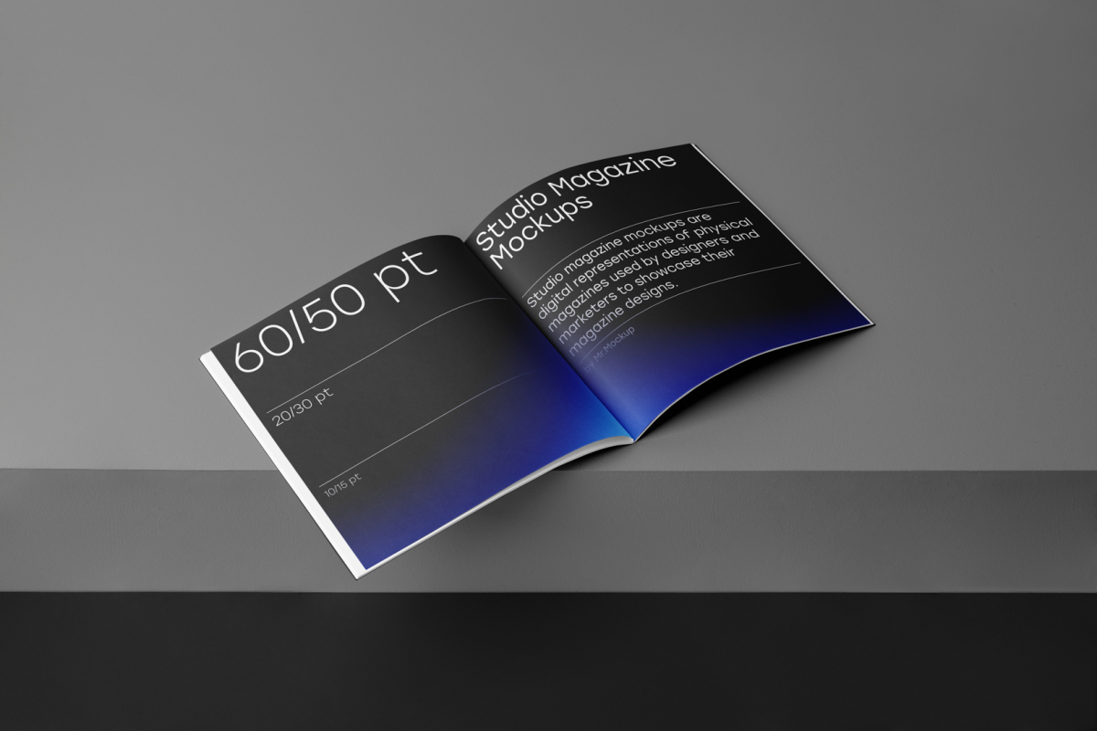 Open square magazine with black modern design on dark cubes from studio magazine mockups.