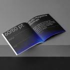 Open square magazine with black modern design on dark cubes from studio magazine mockups.