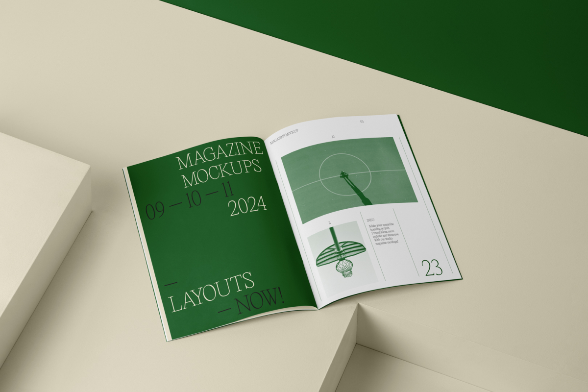 Open a4 magazine with green elegant design on cubes from studio magazine mockups.