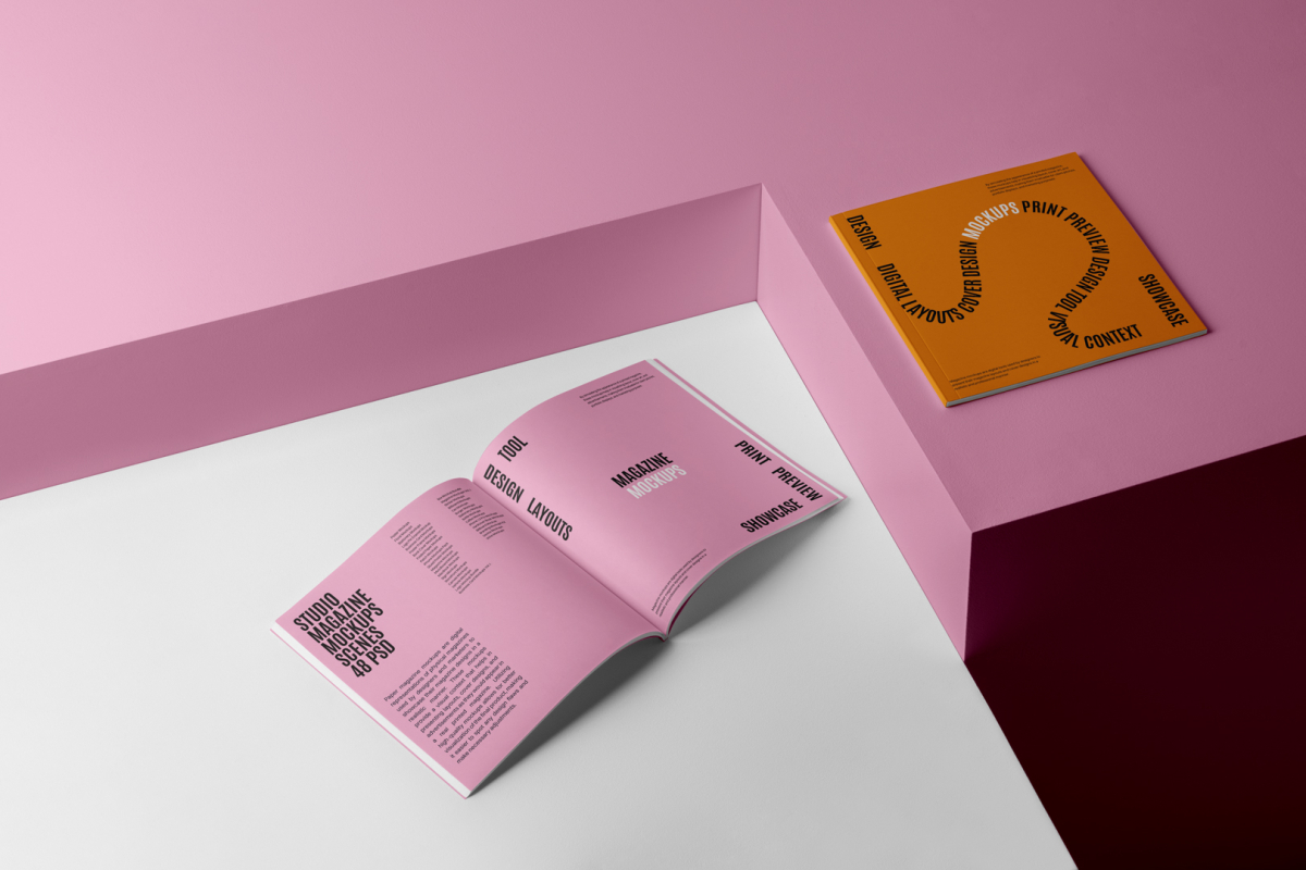Two square magazine with playful typography design form studio magazine mockups.