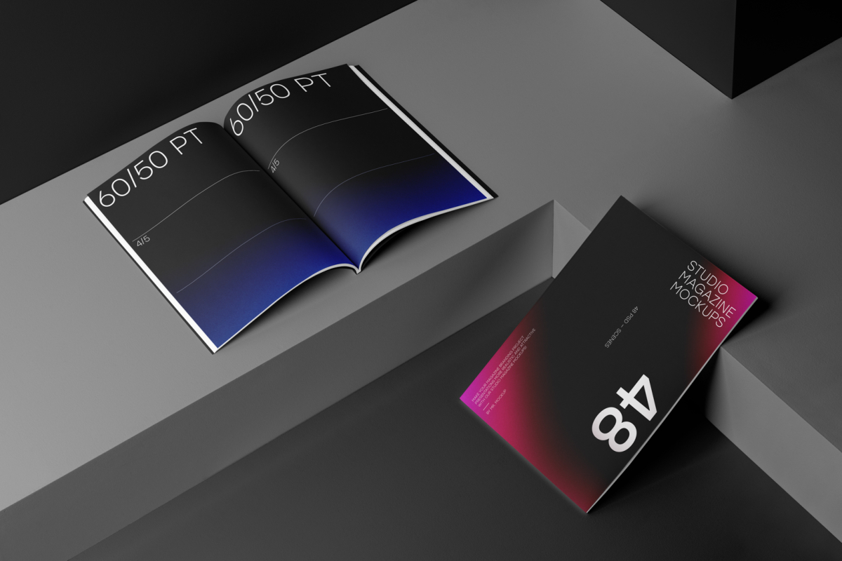 Two a4 magazine with dark modern design on black cubes from studio magazine mockups.