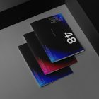Three a4 magazine with dark modern design on black cubes from studio magazine mockups.