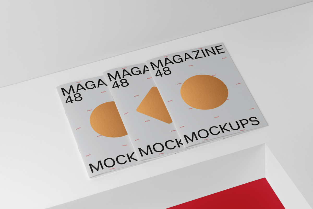 Three a4 magazine mockup with hot stamping design from studio magazine mockups.