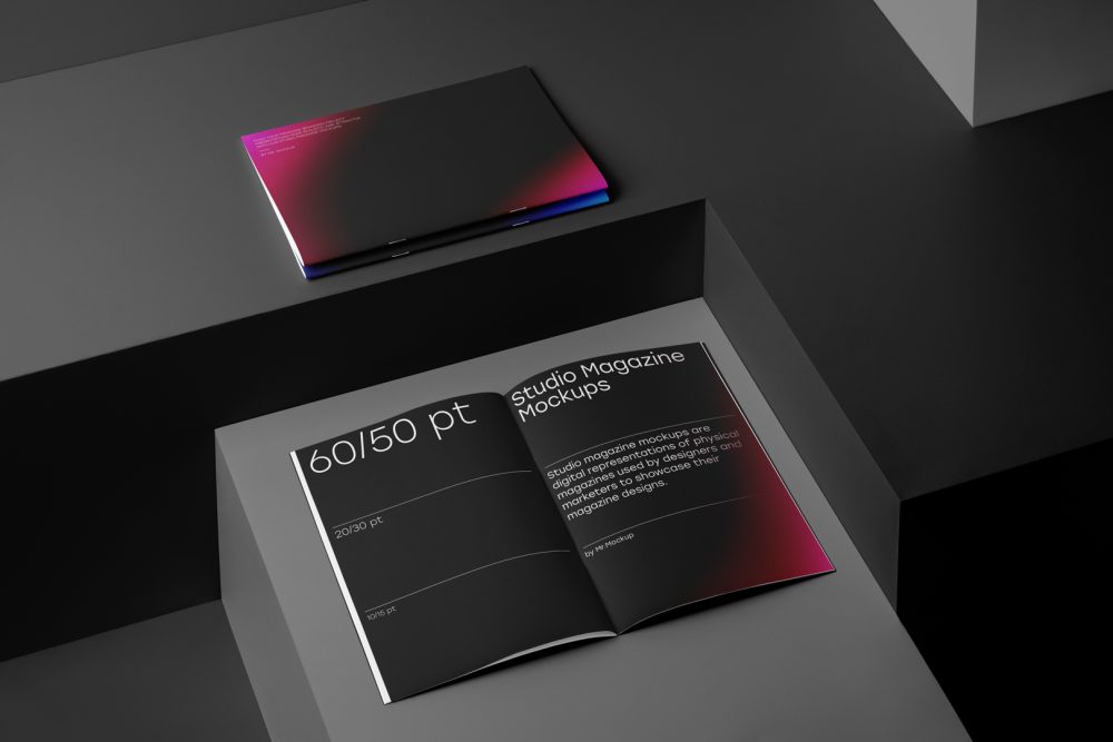 Three a4 magazine with black modern design on black cubes from studio magazine mockups.