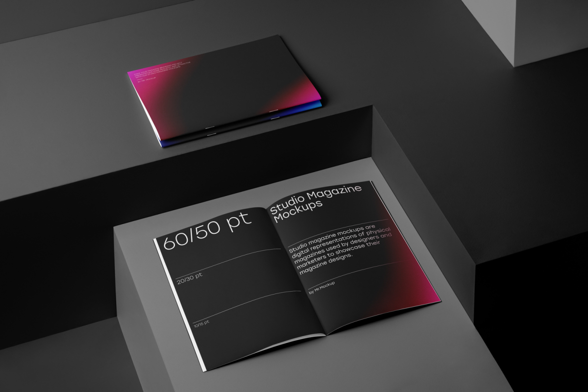 Three a4 magazine with black modern design on black cubes from studio magazine mockups.