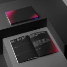 Three a4 magazine with black modern design on black cubes from studio magazine mockups.