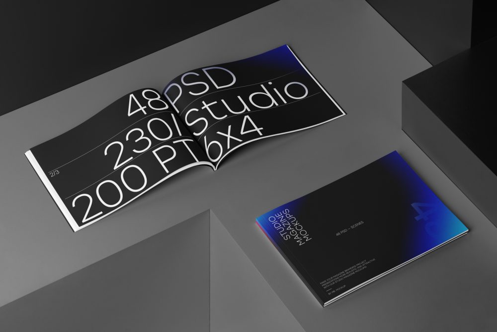 Three horizontal magazine with black modern design on black cubes from studio magazine mockups.