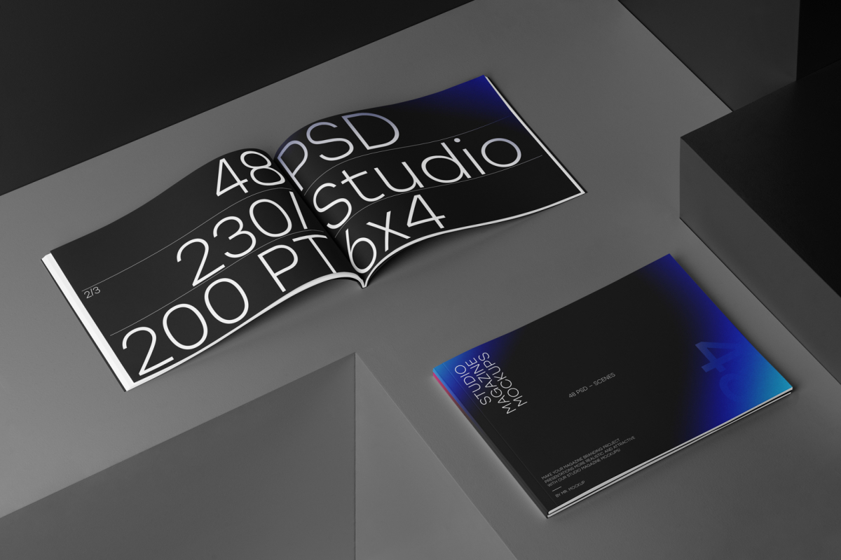 Three horizontal magazine with black modern design on black cubes from studio magazine mockups.