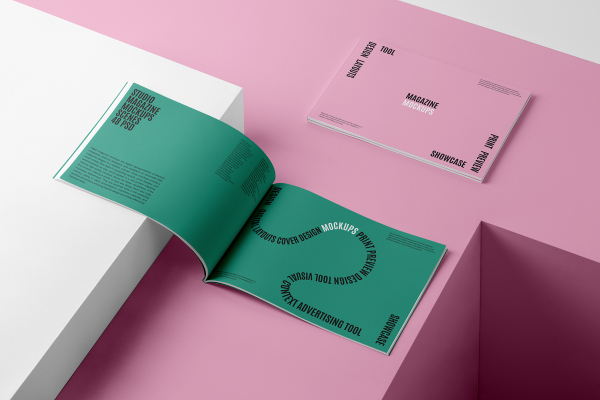 Three horizontal magazine with playful typography design form studio magazine mockups.