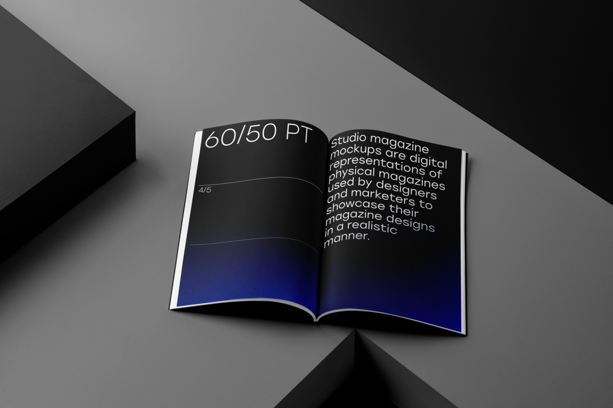 Open a4 magazine with black modern design on dark cubes from studio magazine mockups.