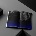 Open a4 magazine with black modern design on dark cubes from studio magazine mockups.