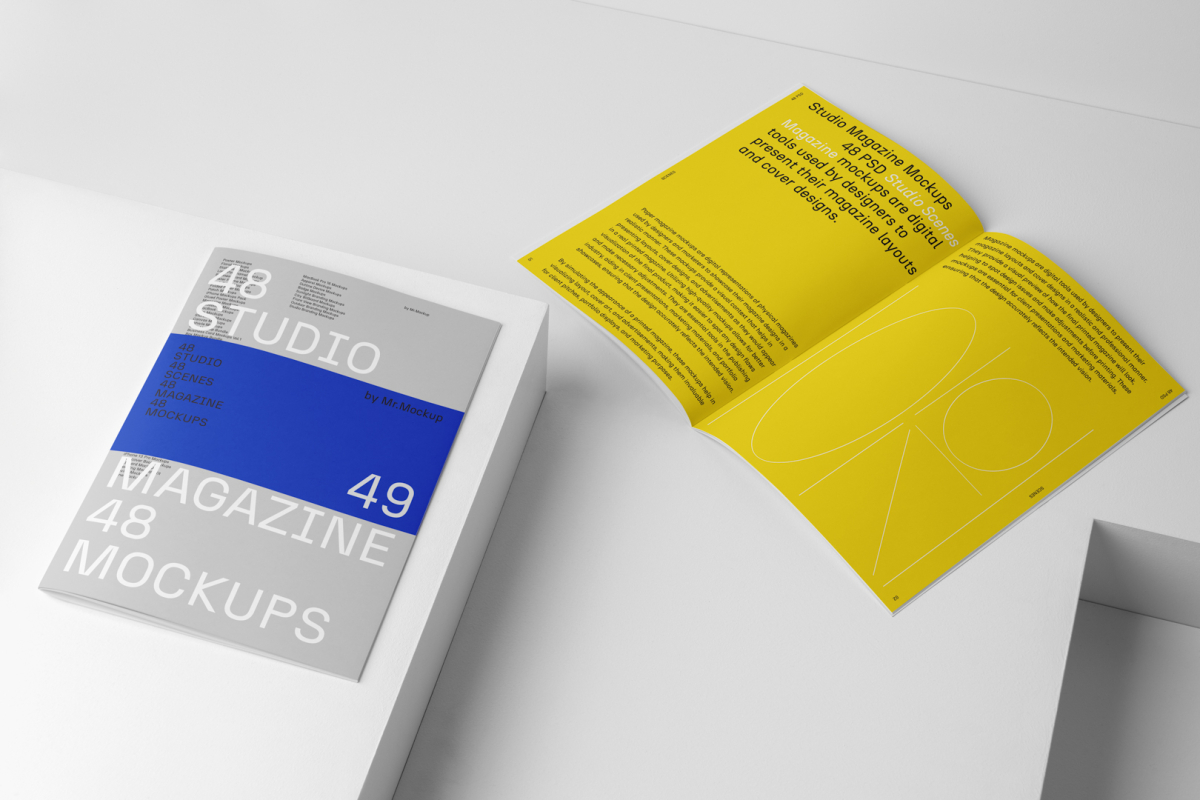 Two a4 gray magazines with minimal design on white stairs from studio magazine mockup.