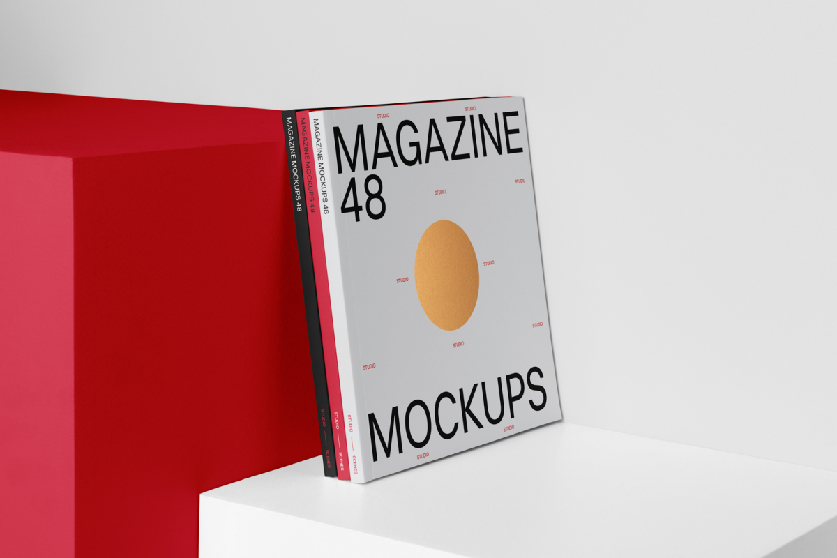 Three a4 magazine mockup with hot stamping design from studio magazine mockups.