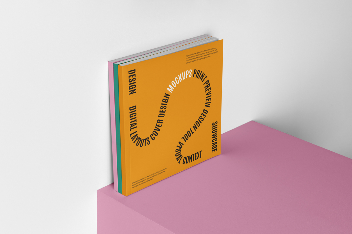 Three square magazine with playful typography design form studio magazine mockups.