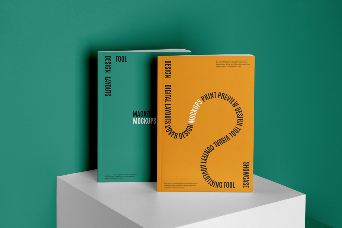 Two square magazine with playful typography design form studio magazine mockups.