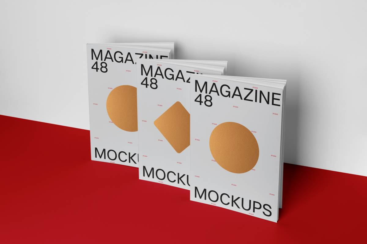 Three a4 magazine mockup with hot stamping design from studio magazine mockups.