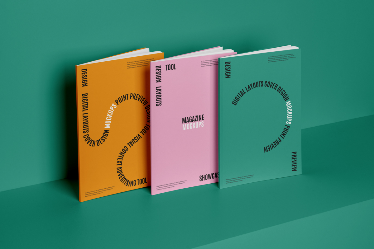 Three square magazine with playful typography design form studio magazine mockups.