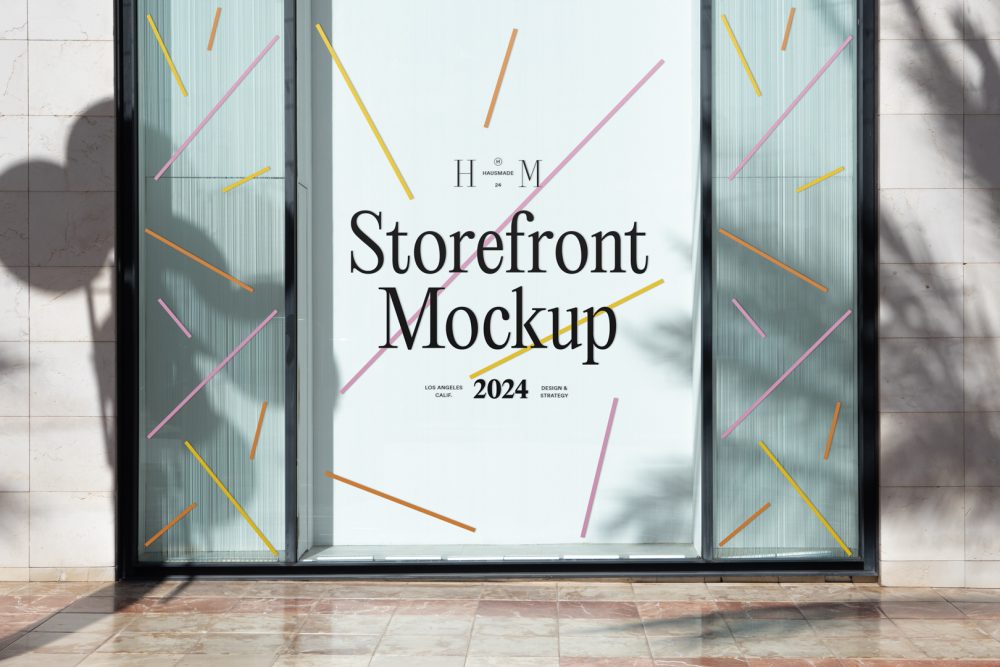 Front view, transparent display window case with colorful graphics and white typography in the building divided into three parts with black frames from storefront mockups product.