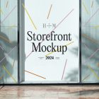Front view, transparent display window case with colorful graphics and white typography in the building divided into three parts with black frames from storefront mockups product.
