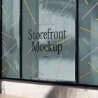 Front view, at an angle of 45 degrees, transparent display window case with colorful graphics and black typography in the building divided into three parts with black frames from storefront mockups product.