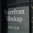 Front view, at an angle of 45 degrees, clean glass window with visible blinds behind the glass and colorful graphics, white typography from storefront mockups product.