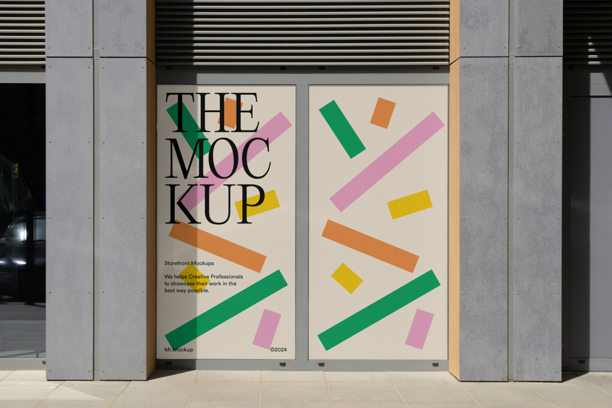 Front view, two rectangles with colorful graphics, black typography spaces built into a building elevation from storefront mockups product.