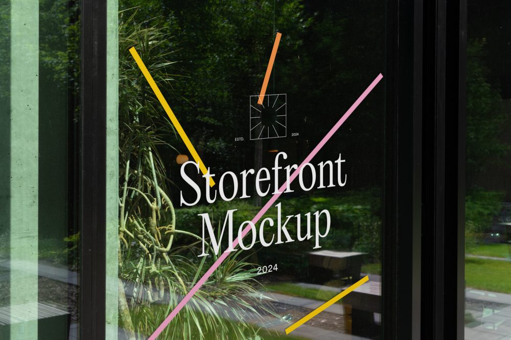 Front view, at an angle of 45 degrees, clean glass window with colorful graphics and white typography from storefront mockups product.