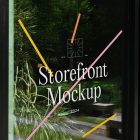 Front view, at an angle of 45 degrees, clean glass window with colorful graphics and white typography from storefront mockups product.
