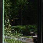 Front view, at an angle of 45 degrees, transparent glass window where you can see the reflection of estates.