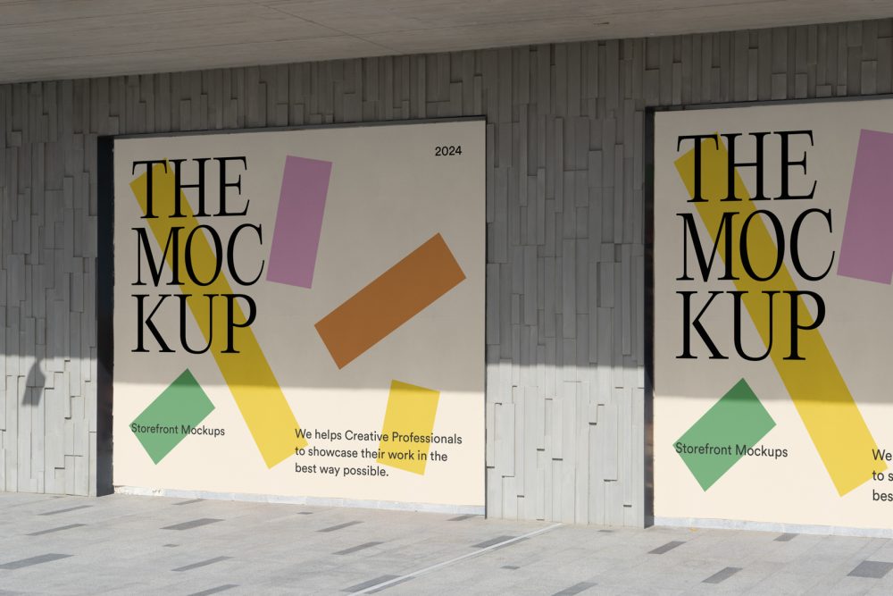 Front view, at an angle of 45 degrees, two colorful rectangle spaces with black strong typography built into a building elevation from storefront mockups product.
