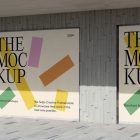 Front view, at an angle of 45 degrees, two colorful rectangle spaces with black strong typography built into a building elevation from storefront mockups product.