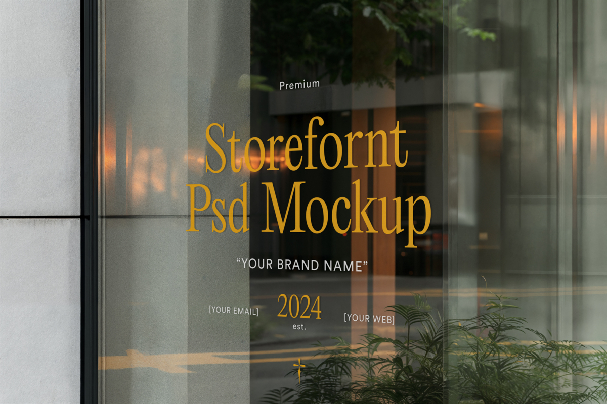 Front view, at an angle of 45 degrees, clean glass window with colorful graphics and orange stong typography from storefront mockups product.