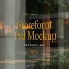 Front view, at an angle of 45 degrees, clean glass window with colorful graphics and orange stong typography from storefront mockups product.