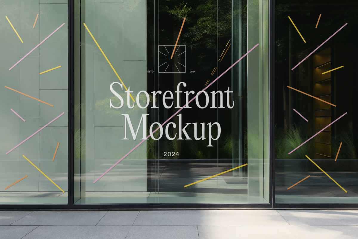Front view, transparent display window case with colorful graphics and white typography in the building divided into three parts with black frames from storefront mockups product.