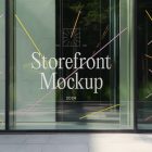 Front view, transparent display window case with colorful graphics and white typography in the building divided into three parts with black frames from storefront mockups product.