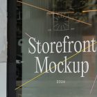 Front view, at an angle of 45 degrees, clean glass window with colorful graphics and white typography from storefront mockups product.
