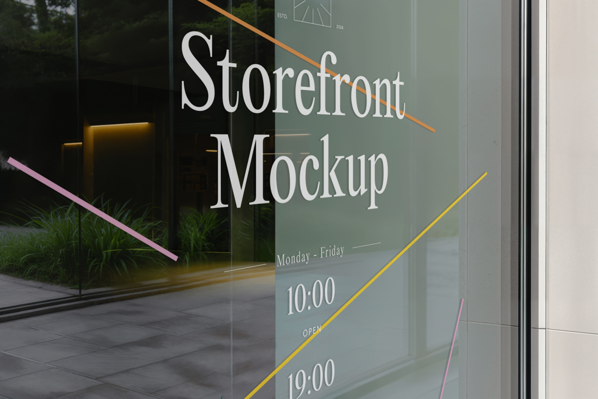 Front view, at an angle of 45 degrees, clean glass window with colorful graphics and white typography from storefront mockups product.
