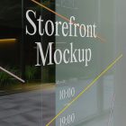 Front view, at an angle of 45 degrees, clean glass window with colorful graphics and white typography from storefront mockups product.