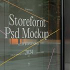 Front view, at an angle of 45 degrees, clean glass window with colorful graphics and white typography from storefront mockups product.