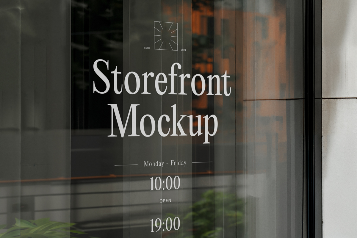 Front view, at an angle of 45 degrees, clean glass window with colorful graphics and white typography from storefront mockups product.