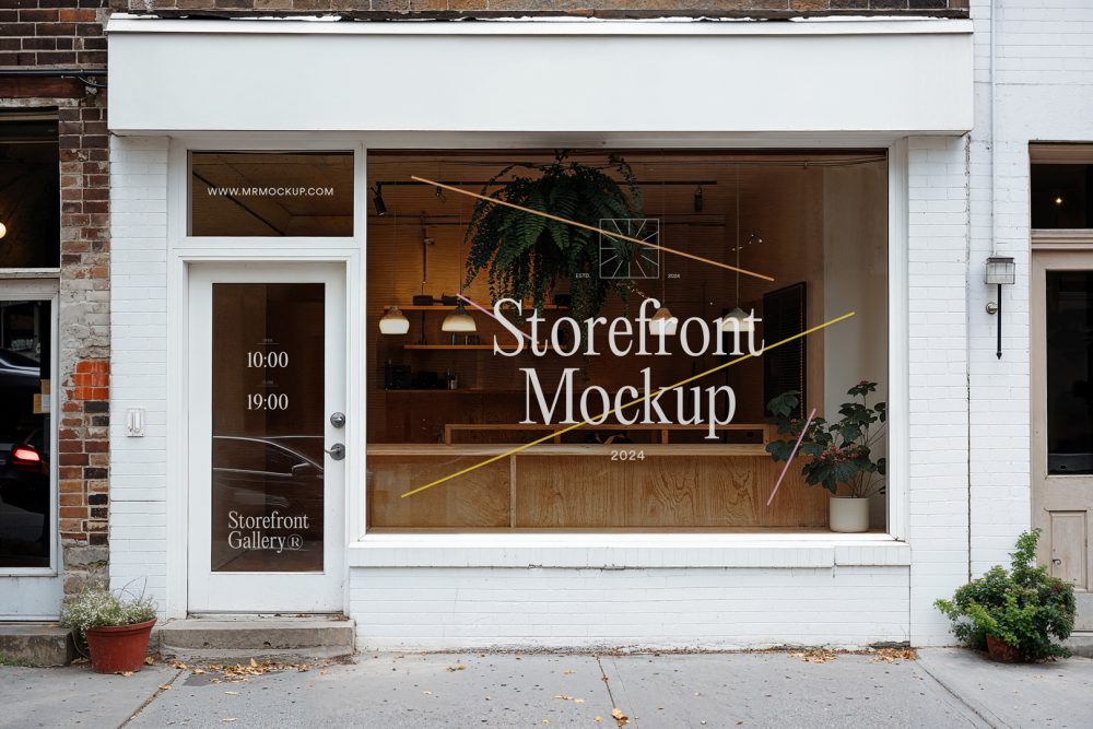 Front view, white restaurant facade with transparent windows, close door with colorful graphics and white strong typography logo from storefront mockups product.