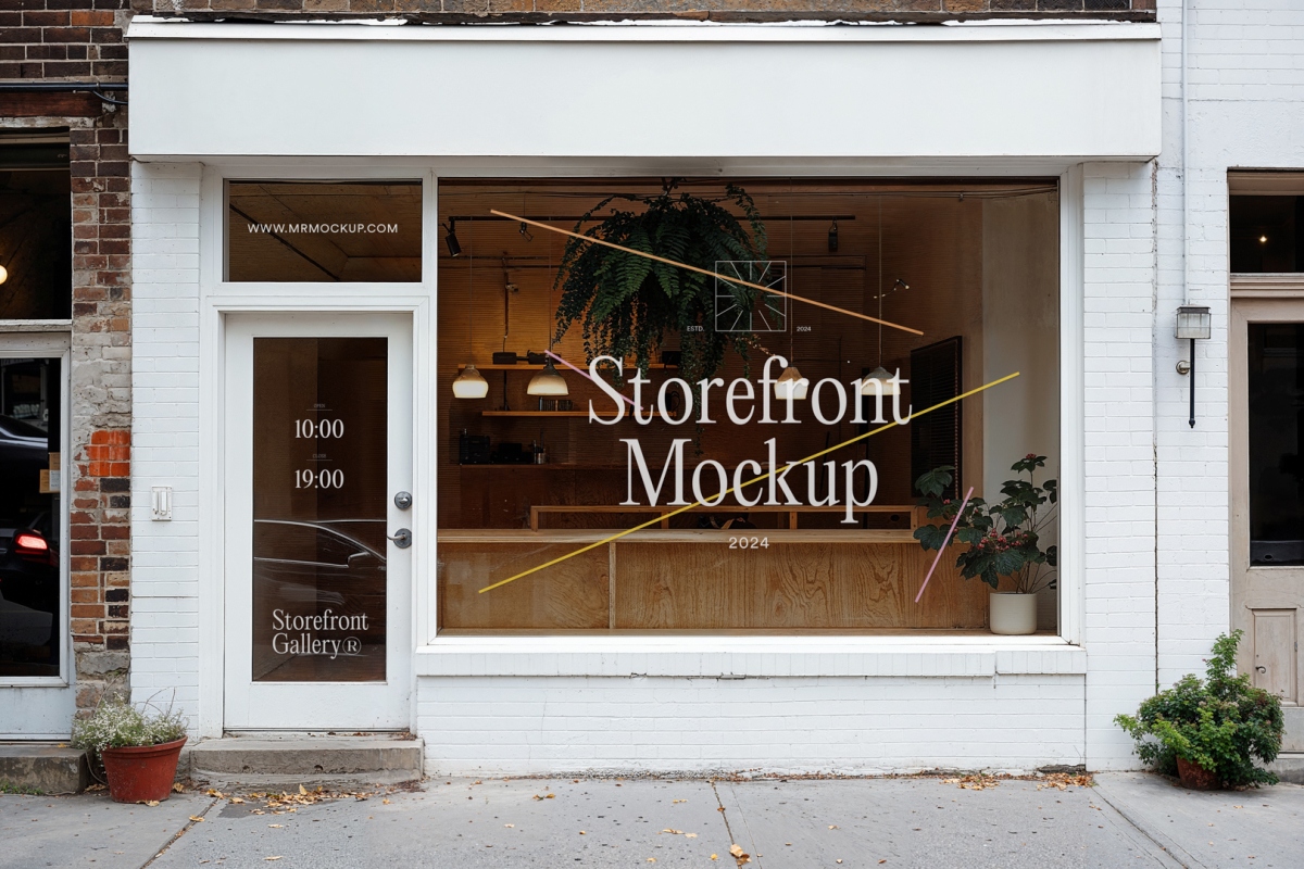 Front view, white restaurant facade with transparent windows, close door with colorful graphics and white strong typography logo from storefront mockups product.